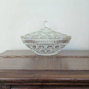 Vintage Diamond Point Clear Glass Candy Dish with Lid - MCM Apothecary Jar